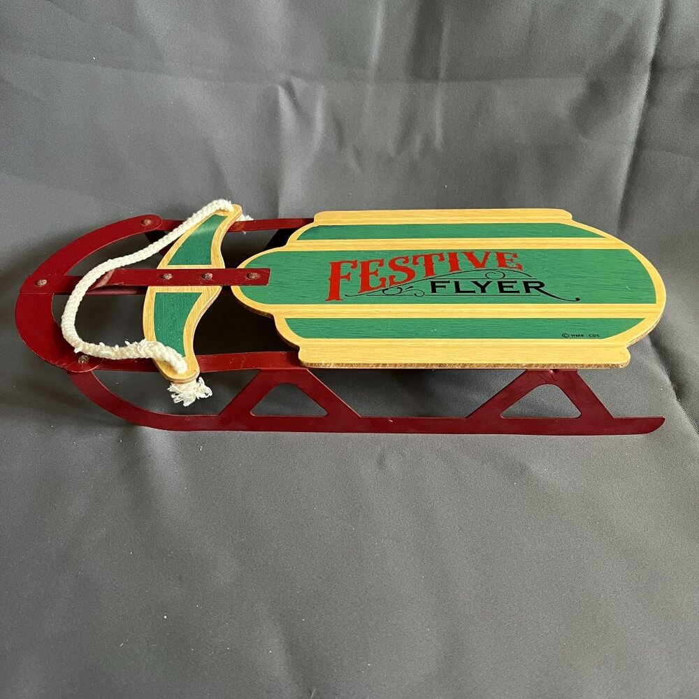 Festive Flyer Mini Decorative Wooden Sled With Green & Red Stripes For Holiday D - Picture 3 of 3